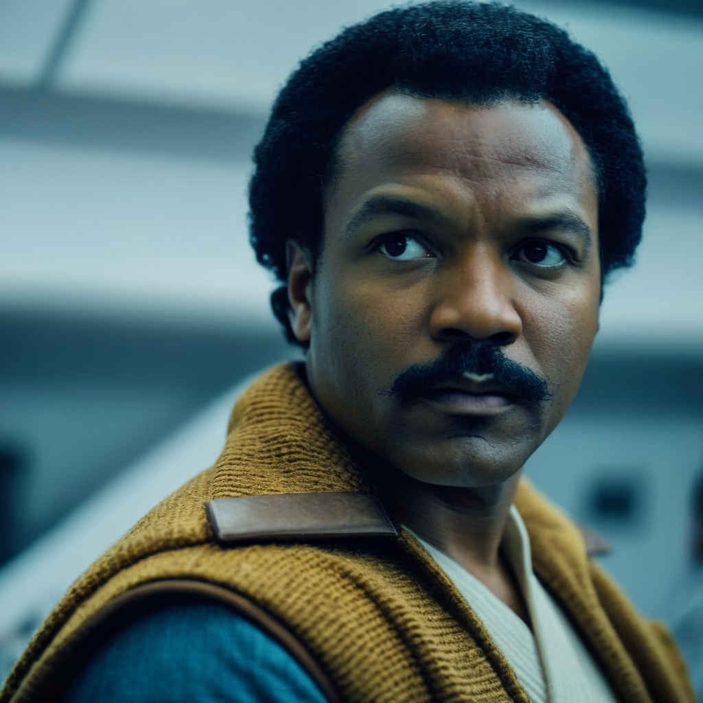cinematic film still of  <lora:star wars style:1.5>
In star wars universe Lando Calrissian a black man with a mustache and a sweater on star wars style, shallow depth of field, vignette, highly detailed, high budget, bokeh, cinemascope, moody, epic, gorgeous, film grain, grainy