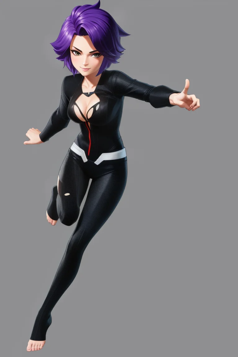 1girl, solo, full body, smile, looking at viewer, <lora:MarvelUltAlly3-000010:1>, marvel ultimate alliance 3, simple background, 3d render, cel shading, animification, purple hair, bodysuit, skin tight, medium breasts, barefoot, spider web print, torn clothes,
