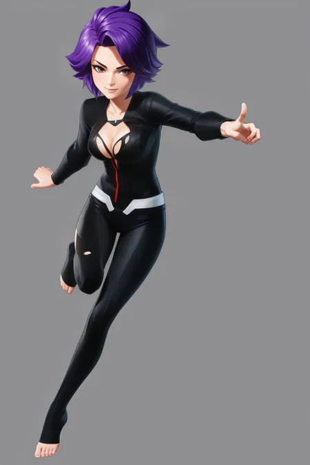 1girl, solo, full body, smile, looking at viewer, <lora:MarvelUltAlly3-000010:1>, marvel ultimate alliance 3, simple background, 3d render, cel shading, animification, purple hair, bodysuit, skin tight, medium breasts, barefoot, spider web print, torn clothes,