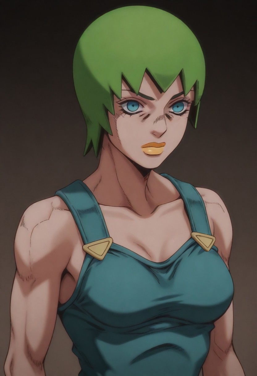 masterpiece, best quality, amazing quality,,, shiny skin,,,,,  (((1girl, solo, FooFighters, Green Hair, Short Hair, Cyan Eyes, Yellow Lipstick, Teal Overalls, Gold Buttons, perfect face, detailed eyes))),