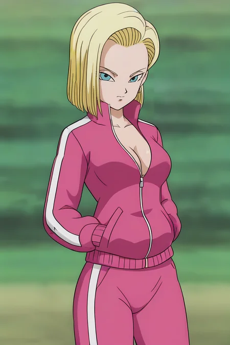 source_anime, score_9, score_8_up, score_7_up, anime screencap, high quality,
android 18, dragon ball super, anime coloring, official style, 1girl, solo, breasts, looking at viewer, short hair, blue eyes, blonde hair, cleavage, medium breasts, gold earrings, partially unzipped, track jacket, hands in pockets, pink jacket, track suit, track pants, collar up, cowboy shot, green sky, long sleeves, pink bottomwear, two tone jacket, two tone pants, v-shaped eyebrows, v-shaped eyes, zipper, collarbone
<lora:c18_pony:0.8>