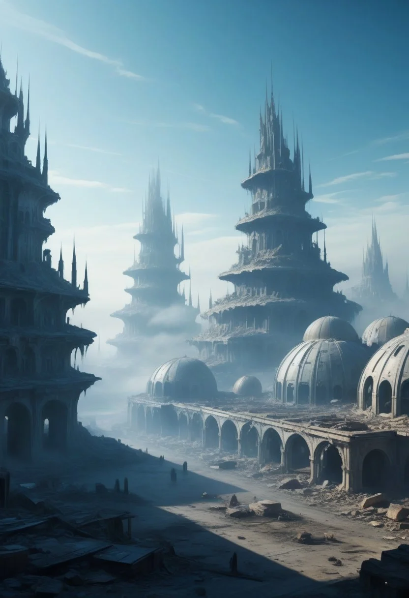A city in ruins around the year 3999, futuristic structure buildings,  A soft fog can be seen on the city, and most of the buildings remain almost intact. The sky is blue.  Jed-Jly, acidzlime, spcrft