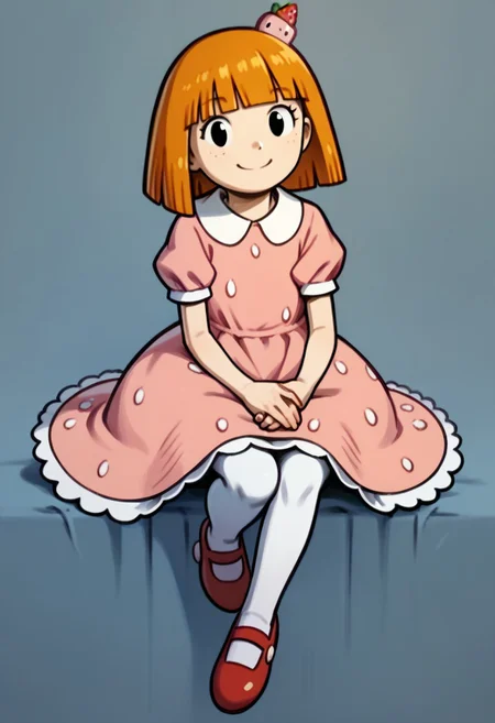 score_9, score_8_up, score_7_up BREAK BethObl, 1girl, orange hair, bob cut, blunt bangs, black eyes, pink head tumor, puffy strawberry dress, white leggings, red mary jane shoes, smiling at viewer,