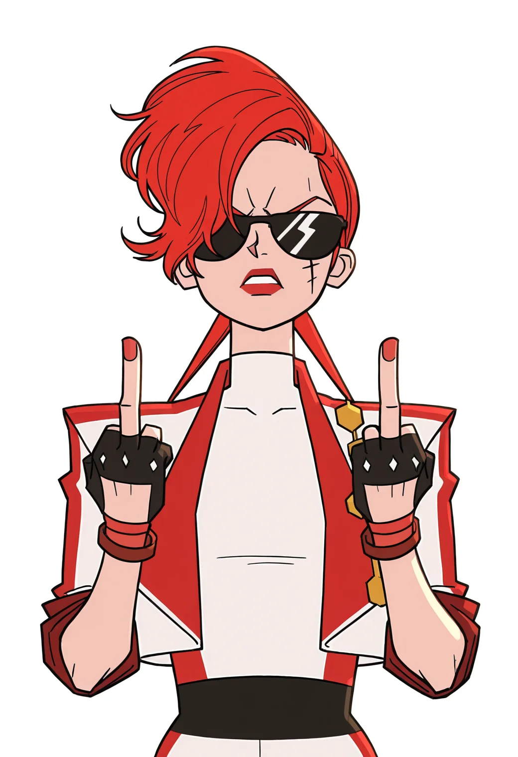 masterpiece, best quality, amazing quality, very aesthetic, absurdres, newest, 1girl, solo, no2mtcy, red hair, sunglasses, lipstick, jacket, jewelry, facial scar, bike shorts, bracelet, fingerless gloves, upper body, double middle finger, angry, white background <lora:No2mtcyIllu:0.8>