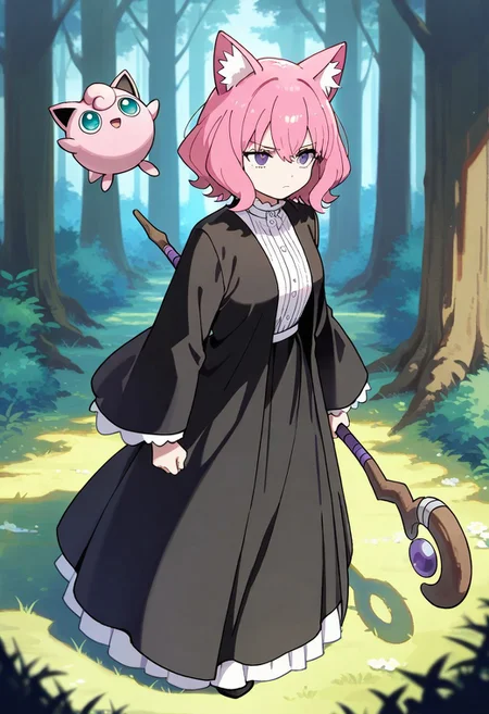 (masterpiece, best quality, high quality, highres), very awa, highres, absurdres,
atsumi yoshioka,
pokemon, pokemon \(species\), (solo:1.2), full body,
(JJigglypuff:0.85), pink cat ears, 
(Fern \(Sousou no Frieren\):0.75), upset, holding magic staff, black dress, 
fantasy forest meadow background,
