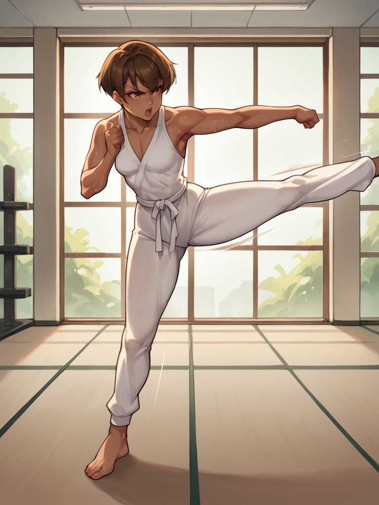 score_9, score_8_up, score_7_up, score_6_up, score_5_up, score_4_up, source_anime BREAK
1girl, female focus, <lora:Sylvia3:0.85>, small breasts, gym, training, sweating, skintight top, baggy harem pants, kicking, martial arts, open mouth, focused and determined, motion lines, feet, sole, standing,âââ