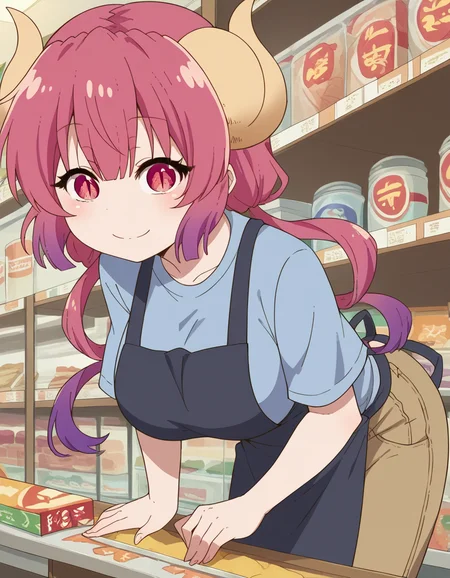 score_9, score_8_up, score_7_up, source_anime,
dragonilulu, <lora:dragon-ilulu-s2-ponyxl-lora-nochekaiser:1>,
ilulu, curled horns, horns, long hair, multicolored hair, purple hair, red eyes, red hair, slit pupils, large breasts,
shirt, short sleeves, apron, blue shirt, black apron, pants,
indoors, bent over, smile, shop,
looking at viewer, cowboy shot, dutch angle, solo,
