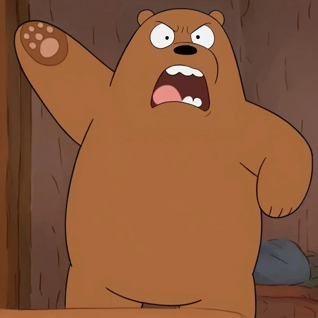 score_9, score_8_up, score_7_up, grizz, 1boy, male focus, furry male, anthro, solo, grizzly bear, brown fur, black eyes, dot eyes, black nose, small ears, bear tail, paw pads, standing, angry, yelling, wide-eyed, open mouth, indoors, living room