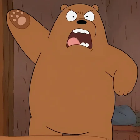 score_9, score_8_up, score_7_up, grizz, 1boy, male focus, furry male, anthro, solo, grizzly bear, brown fur, black eyes, dot eyes, black nose, small ears, bear tail, paw pads, standing, angry, yelling, wide-eyed, open mouth, indoors, living room