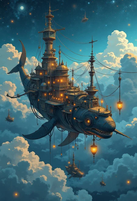 A skybound city built atop the back of a colossal, ancient whale-like creature drifting through an endless sea of clouds, glowing lanterns suspended from the creature’s fins casting golden light across the floating city, steam-powered machinery harmonizing with organic, coral-like architecture, the city bustling with life as airships dock and depart, trails of shimmering blue and silver energy following in their wake, the horizon punctuated by other massive sky creatures, each carrying their own unique civilizations in a celestial ballet against a backdrop of a vivid, star-drenched sky.