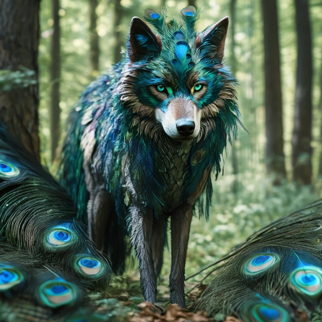pavolaris Professional photo, wolf in forest with peacock feathers, expressive, detailed, sharpened, f1.2 lens<lora:pavolaris:1>