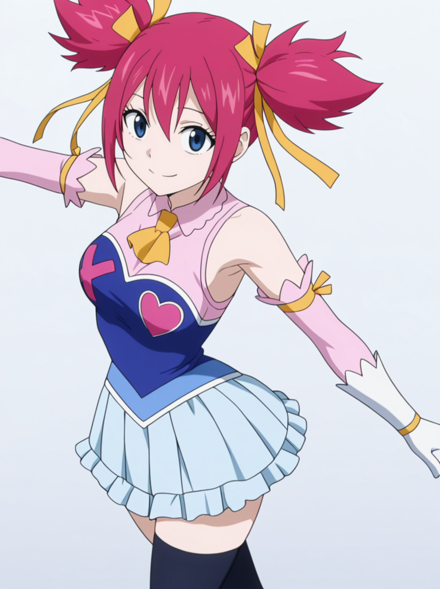 masterpiece, best quality, amazing quality, very aesthetic, absurdres, newest, anime screenshot,  anime screenshot,  <lora:SherriaBlendyIllust:1>sherriablendyillust, twintails, 1girl, ribbon, blue eyes, hair ribbon, pink hair, short twintails, skirt, thighhighs, yellow ribbon detached sleeves,  white gloves,  smile  simple background,  white background,  dancing  looking at viewer,