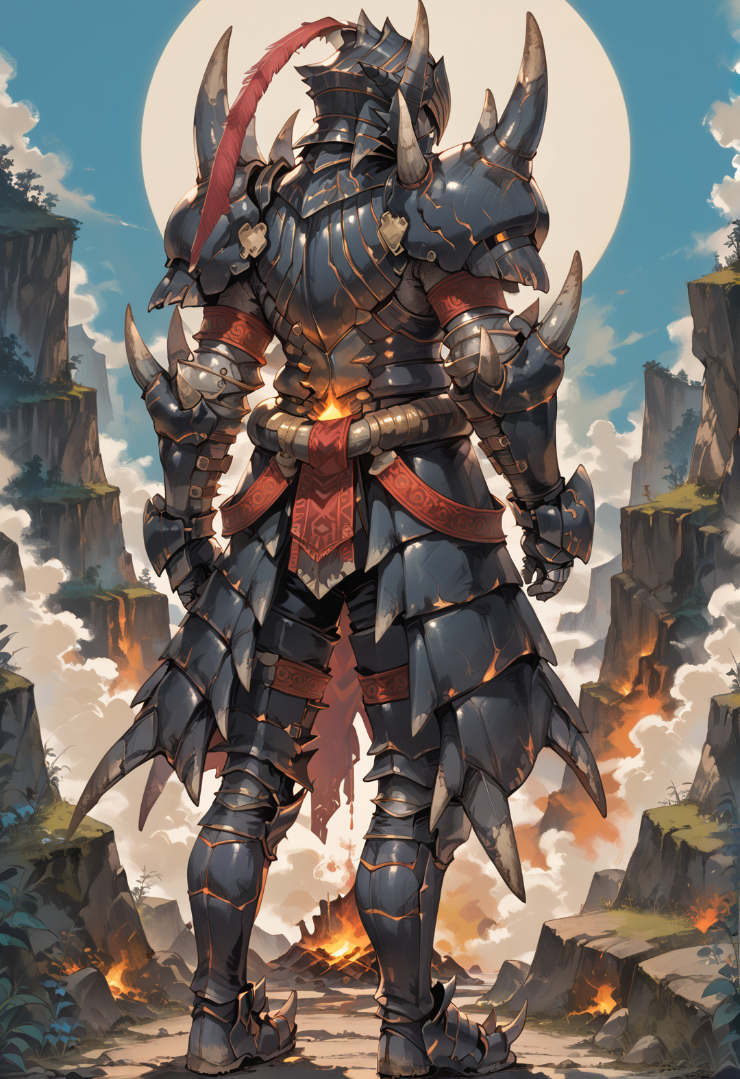 (score_9:0.9),score_8_up,score_7_up,rating_safe,anime style,(zPDXL),<lora:Akantor armor - male ponyXL v1:0.8>,akantor armor,solo,full armor,standing,blue background,black helmet,1boy,red feather,black armor boots,black armor skirt,black gauntlets,black shoulder armor,from behind,facing away,full body,covered face,molten rock,