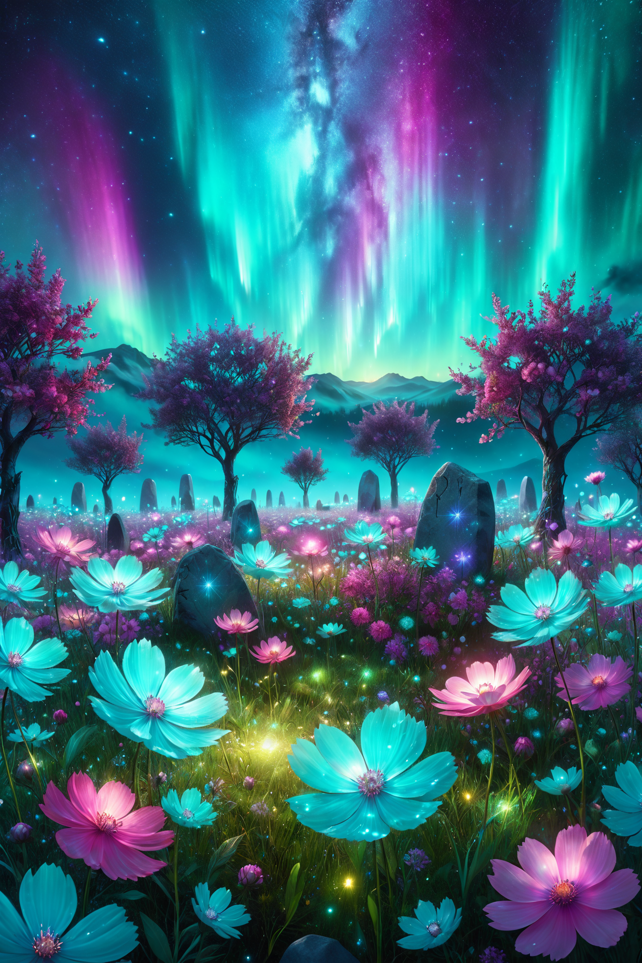 meadow flowers with sparkling petals, morph-aurora, stone circle with ancient runes, detailed background, best quality, vibrant colors, photorealistic style, high detail, hyper-realistic, highres, 4K resolution, realistic photo, masterpiece, ultra-detailed, cosmic shine, teals and magentas, ethereal glow, overhead shot, <lora:add-detail-xl:1> <lora:aurora_0_100_V1-000009:0.65>