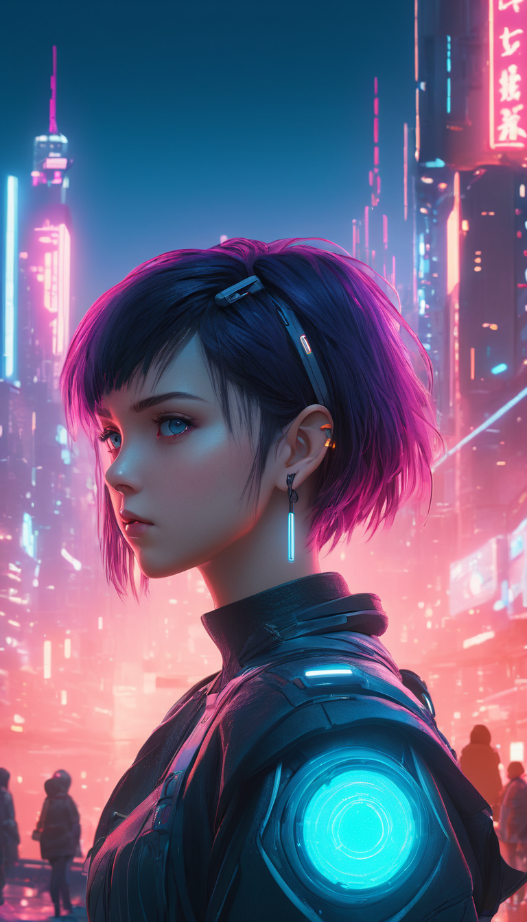 Cyberpunk female, sci-fi, cinematic scene, hero view, extremely beautiful piercing eyes, scenery, detailed background, masterpiece, best quality, high quality, highres, absurdres, very detailed, high resolution, sharp, sharp image, 8k, vivid, colorful, Studio Ghibli <lora:studio_ghibli_xl_v2:1>