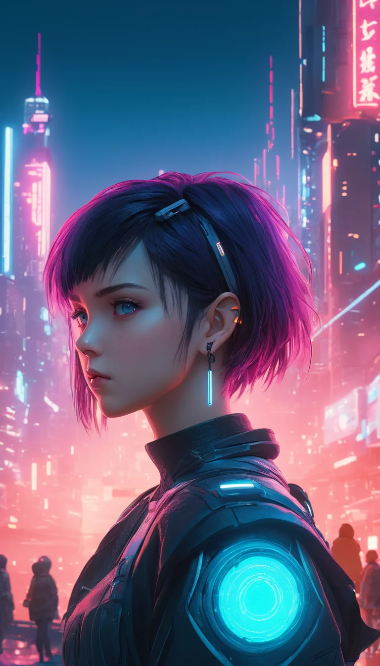 Cyberpunk female, sci-fi, cinematic scene, hero view, extremely beautiful piercing eyes, scenery, detailed background, masterpiece, best quality, high quality, highres, absurdres, very detailed, high resolution, sharp, sharp image, 8k, vivid, colorful, Studio Ghibli <lora:studio_ghibli_xl_v2:1>
