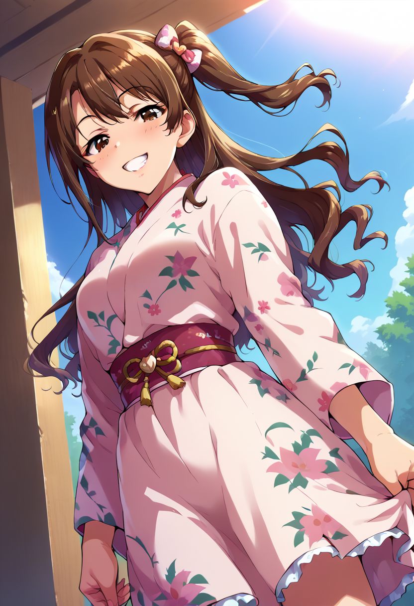 score_9,score_8_up,score_7_up,score_6_up, 
1girl, solo, young woman, slim, dynamic angle, dynamic sexy pose,
cowboy shot, smile, blush, half closed eyes, grin,
smmruzk, long hair, brown hair, wavy hair, one side up, hair bow, brown eyes, medium breasts, 
pink detailed pattern kimono,
from below, skirt lift,
takeda hiromitsu style,