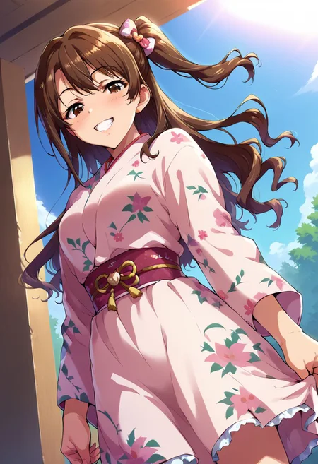 score_9,score_8_up,score_7_up,score_6_up, 
1girl, solo, young woman, slim, dynamic angle, dynamic sexy pose,
cowboy shot, smile, blush, half closed eyes, grin,
smmruzk, long hair, brown hair, wavy hair, one side up, hair bow, brown eyes, medium breasts, 
pink detailed pattern kimono,
from below, skirt lift,
takeda hiromitsu style,