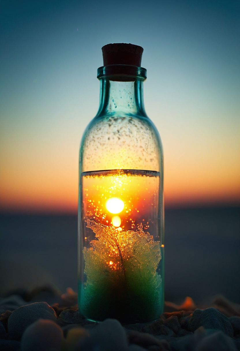 message in a bottle, with a sad look. This should be a ((masterpiece)) with a ((best_quality)) in ultra-high resolution, both ((4K)) and ((8K)), incorporating ((HDR)) for vividness. It uses a ((Kodak Portra 400)) lens for timeless, professional quality. Emphasizes a ((blurred background)) with a touch of ((bokeh)) and ((lens flare)) for an artistic effect. Enhance ((vibrant colors)) for a vivid look. Make sure the photograph is ((ultra-detailed)) and shows ((absurd)) details. Pay special attention to capturing the ((beautiful face)) of the subject. The goal is to create a ((professional photograph)) that is visually stunning and technically excellent.