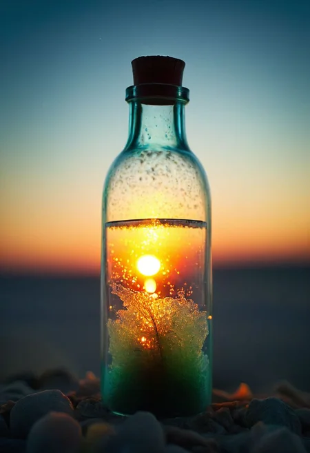 message in a bottle, with a sad look. This should be a ((masterpiece)) with a ((best_quality)) in ultra-high resolution, both ((4K)) and ((8K)), incorporating ((HDR)) for vividness. It uses a ((Kodak Portra 400)) lens for timeless, professional quality. Emphasizes a ((blurred background)) with a touch of ((bokeh)) and ((lens flare)) for an artistic effect. Enhance ((vibrant colors)) for a vivid look. Make sure the photograph is ((ultra-detailed)) and shows ((absurd)) details. Pay special attention to capturing the ((beautiful face)) of the subject. The goal is to create a ((professional photograph)) that is visually stunning and technically excellent.