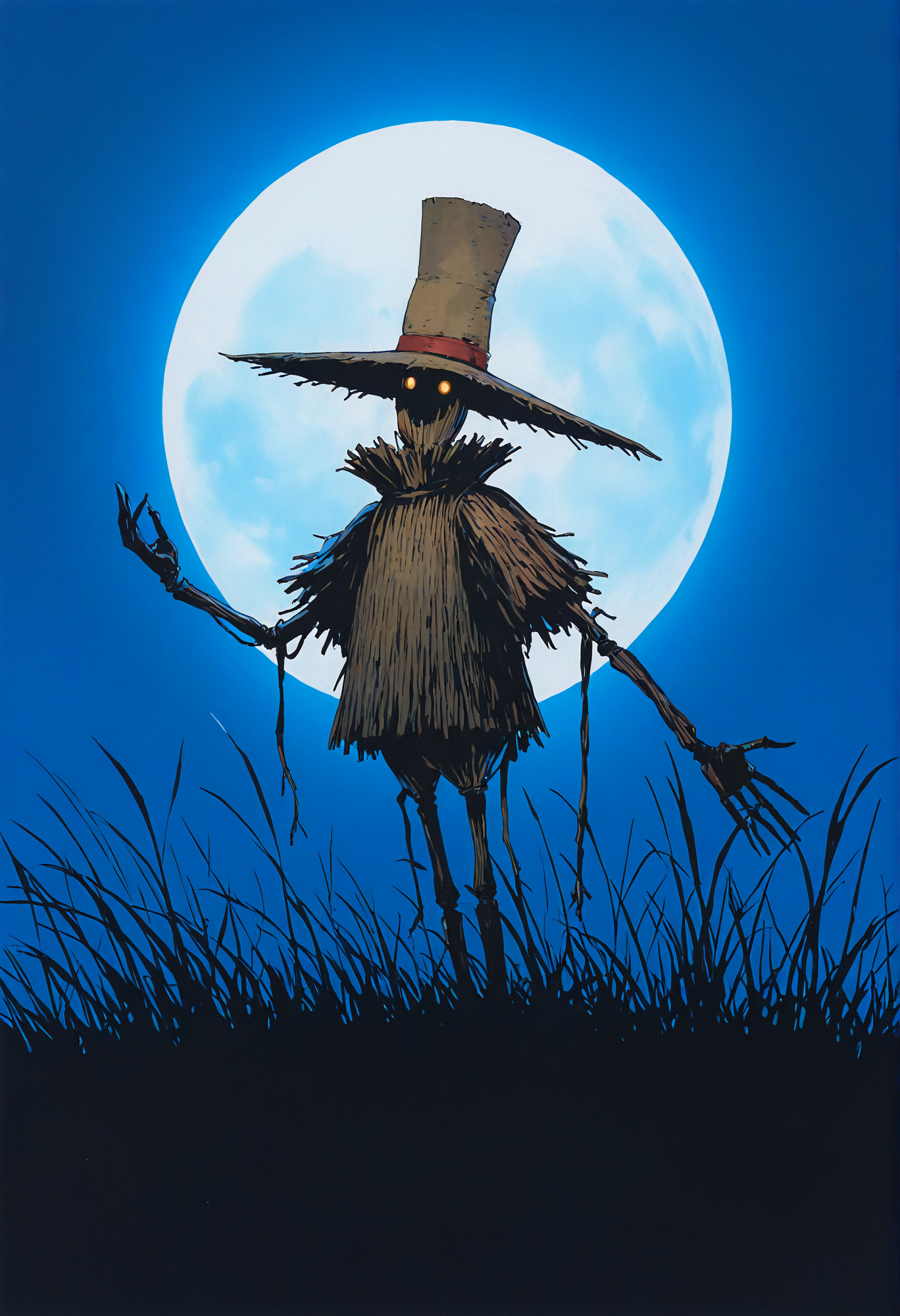 very awa, (watercolor \(medium\):0.9), (studio ghibli:0.7), no humans, scarecrow, moonlight, tall grass,  masterpiece, [best quality:0.15], newest, absurdres,