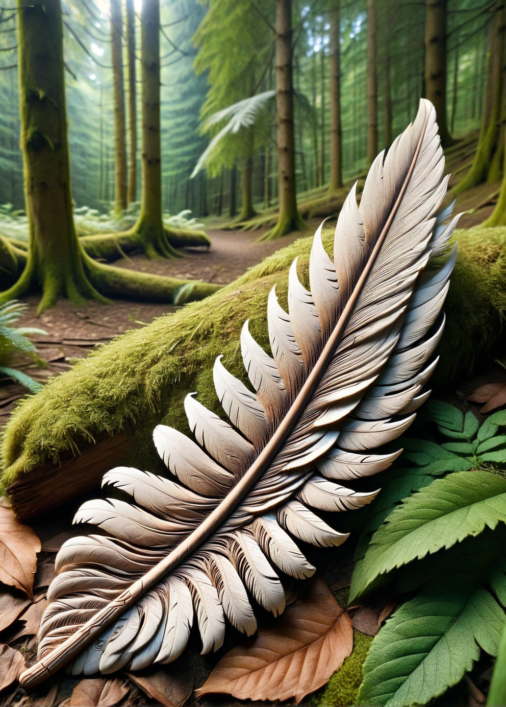 A single ais-rghhwn feather fallen on a forest floor, its intricate details resembling delicate carvings <lora:ais-rghhwn-sdxl:1>