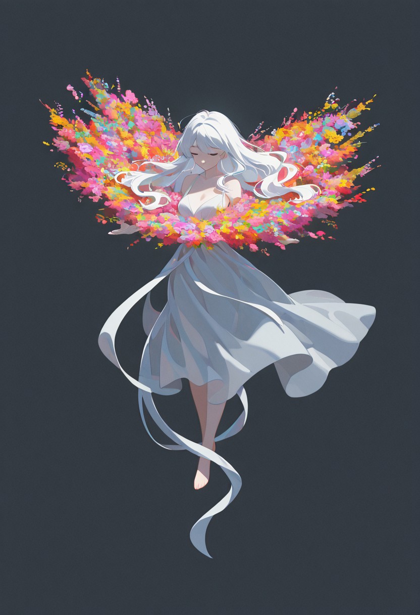 1girl, flowing dress, happy to be free, floating, flying, in a strom of flowers, inverted background, (flat lighting, flat color, flat design, no lineart:1), spot color, triadic colors, film grain, local color adaption, neon, pearlescent, masterpiece, best quality, amazing quality, very aesthetic, absurdres, newest,