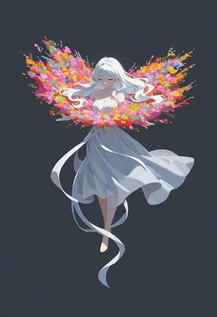 1girl, flowing dress, happy to be free, floating, flying, in a strom of flowers, inverted background, (flat lighting, flat color, flat design, no lineart:1), spot color, triadic colors, film grain, local color adaption, neon, pearlescent, masterpiece, best quality, amazing quality, very aesthetic, absurdres, newest,