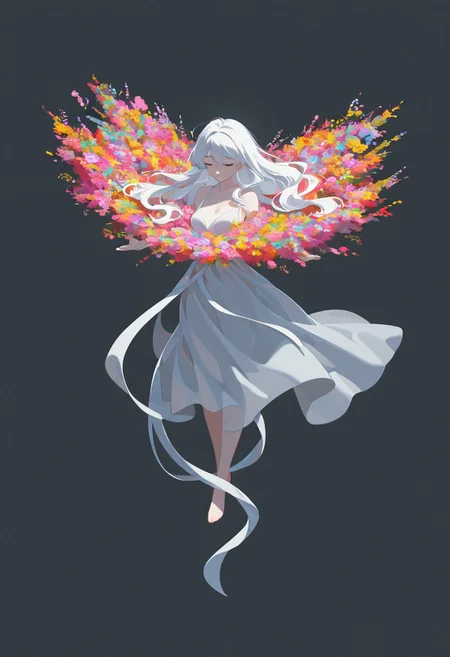 1girl, flowing dress, happy to be free, floating, flying, in a strom of flowers, inverted background, (flat lighting, flat color, flat design, no lineart:1), spot color, triadic colors, film grain, local color adaption, neon, pearlescent, masterpiece, best quality, amazing quality, very aesthetic, absurdres, newest,