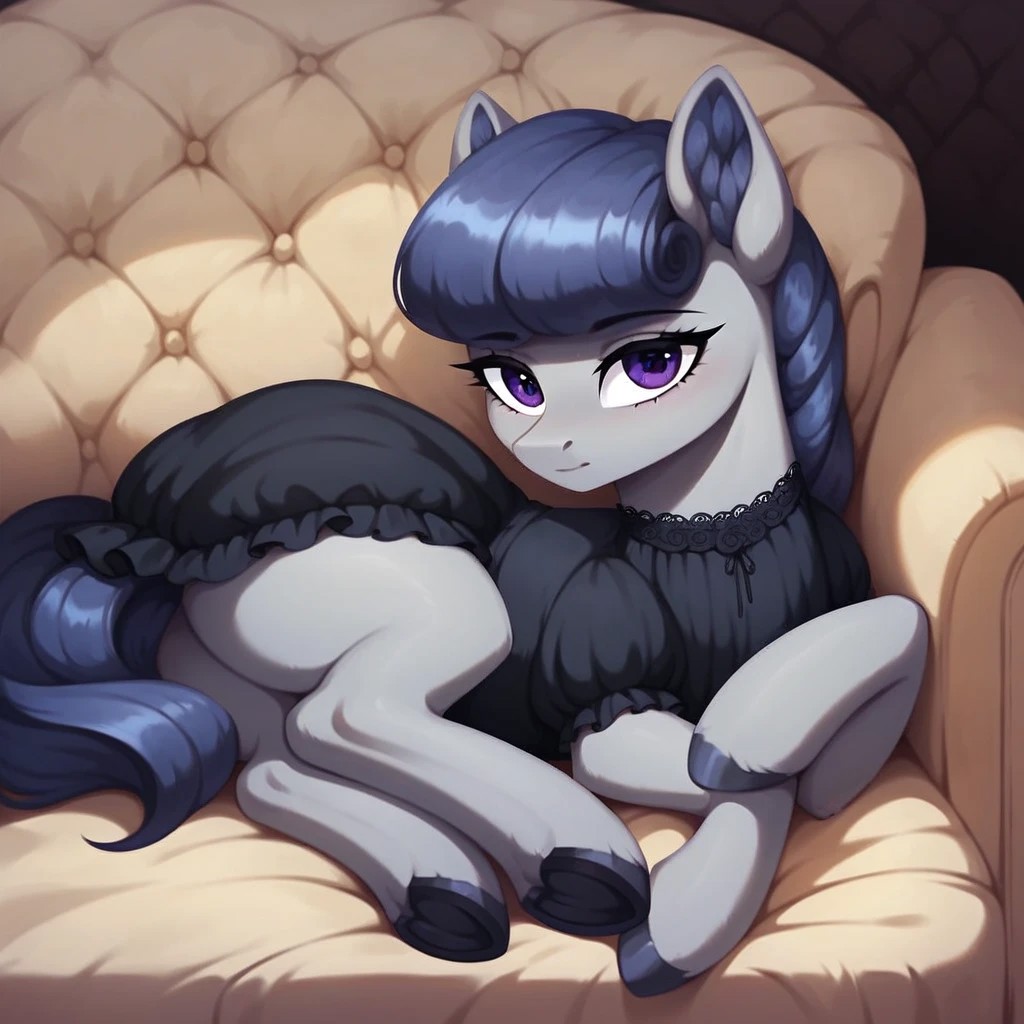 masterpiece, score_9_up, score_8_up, score_7_up, score_6_up, (best quality:1.1), ultra-detailed, high resolution, solo, BigSister, pony, feral, female, eyebrows, ((beautiful detailed purple eyes)), long eyelashes, female, fluffy pony ears, black fluff in ears, gray skin, hooves, black mane, seductive facial expression, dressed, black dress, sensual, cozy living room, lying on side, beed, full body, expressiveh, highly visible, sharp focus, anatomically correct, detailed background, close up view, detailed facial features, expressiveh, highly visible, sharp focus