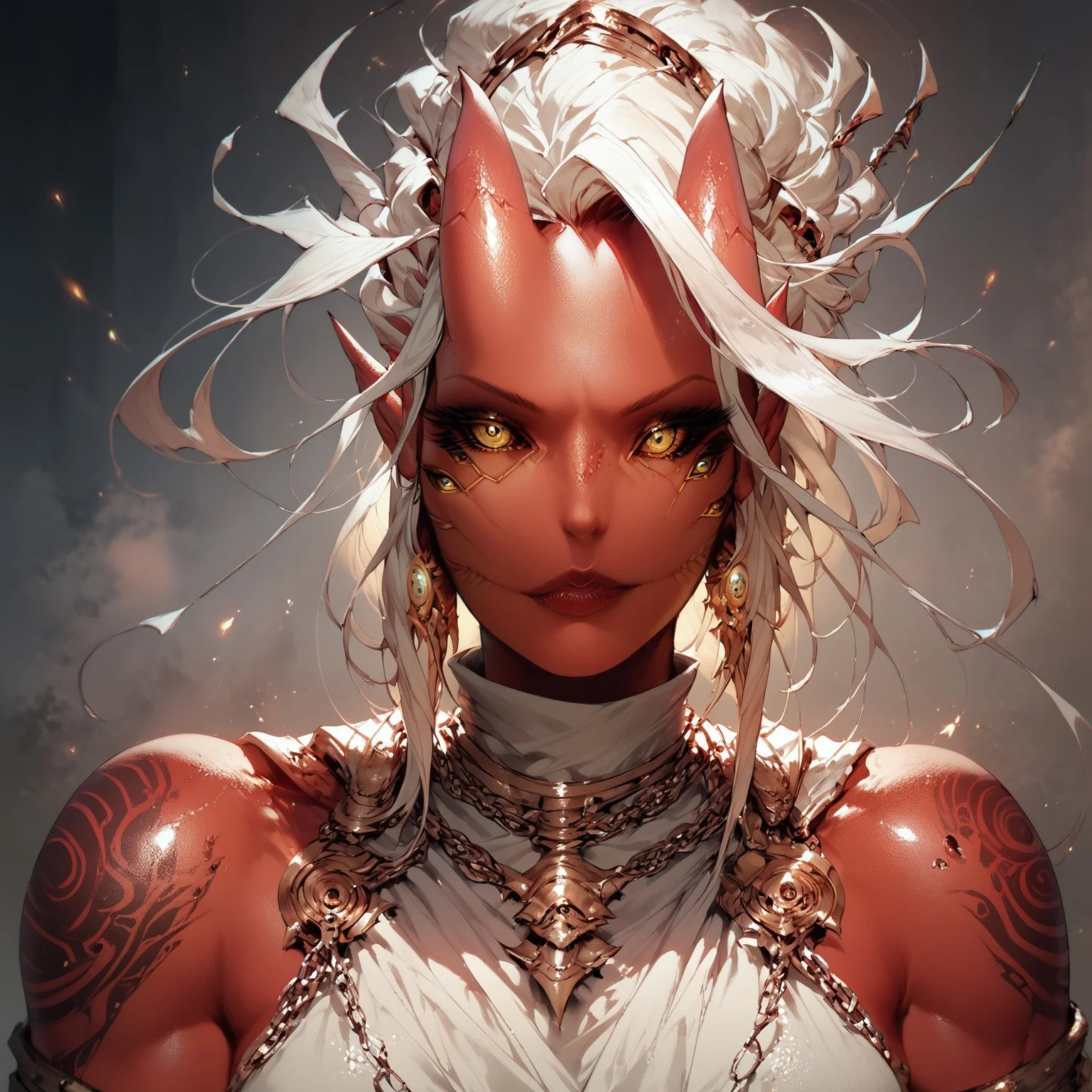 safe_pos, score_9, score_8_up, score_7_up, Zamite, four eyes, horns, high resolution, aesthetic art, red skin, warrior cloth, breasts, tattoos, sesductive, chainmail