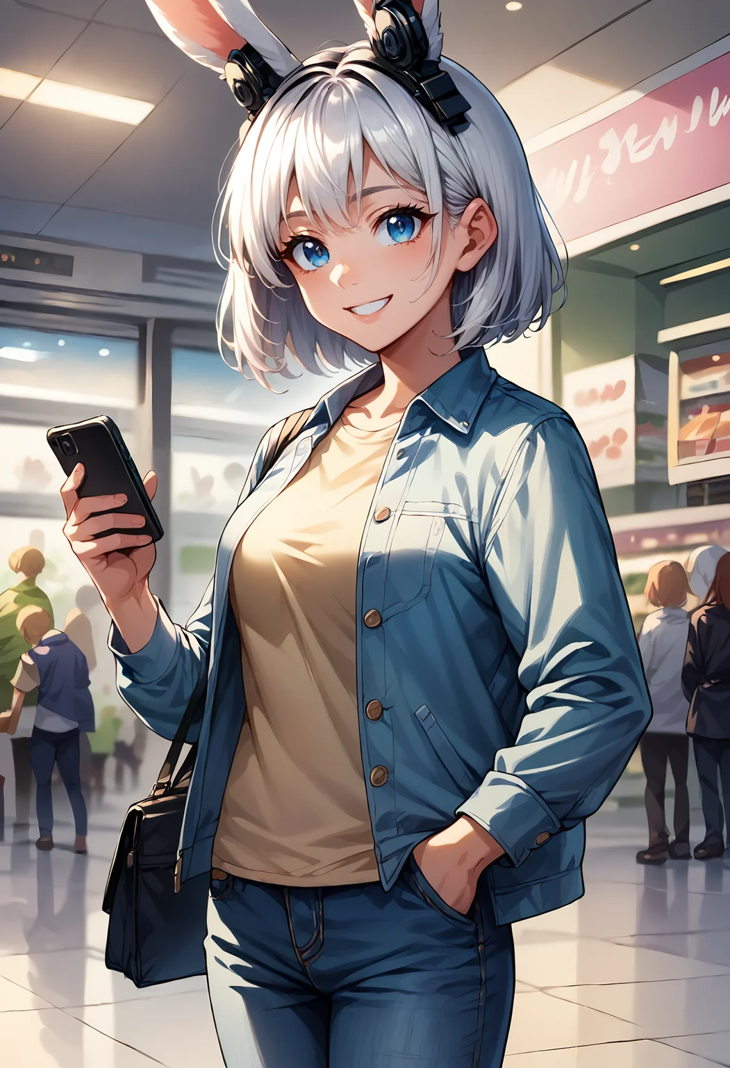 score_9, score_8_up, score_7_up,soft shadows, rating_safe BREAK
headphones, headphones-for-animal-ears, rabbit girl, rabbit ears, mall, shopping, relaxed, smile, white hair, blue eyes, jacket, shirt, jeans, cowboy shot, looking at phone, medium hair, holding phone
<lora:Headphones for animal ears (pony) v1:1> <lora:RealisticAnime:0.8>