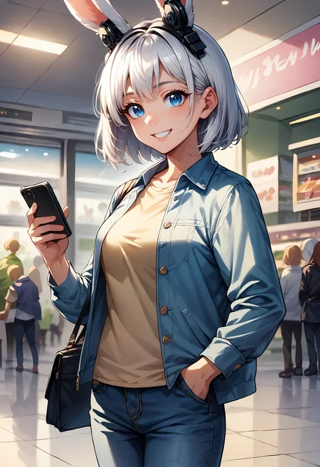 score_9, score_8_up, score_7_up,soft shadows, rating_safe BREAK
headphones, headphones-for-animal-ears, rabbit girl, rabbit ears, mall, shopping, relaxed, smile, white hair, blue eyes, jacket, shirt, jeans, cowboy shot, looking at phone, medium hair, holding phone
<lora:Headphones for animal ears (pony) v1:1> <lora:RealisticAnime:0.8>