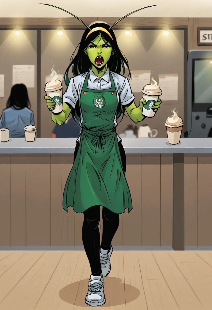 1girl, score_9, score_8_up, score_7_up, masterpiece, high quality, western cartoon, neon lighting, very detailed, depth of field, glowing lighting, full color picture, solo, alone, petite,
1girl, commantis, green skin, antennae, black eyes, green hair, yellow hairband, black hair, long hair, makeup, pface3, green cap, short sleeved shirt, black leggings, white sneakers, starbuni, emblem, green apron, light starbucks logo,
coffee shop (indoors:1.3), busy coffee shop, crowd in background, running, full body, annoyed, yelling,