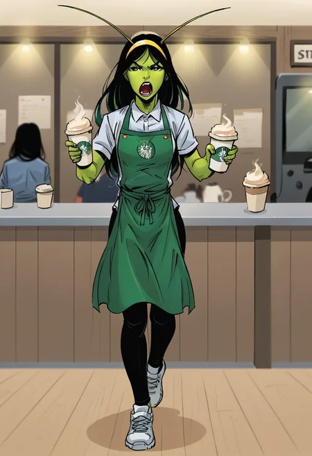1girl, score_9, score_8_up, score_7_up, masterpiece, high quality, western cartoon, neon lighting, very detailed, depth of field, glowing lighting, full color picture, solo, alone, petite,
1girl, commantis, green skin, antennae, black eyes, green hair, yellow hairband, black hair, long hair, makeup, pface3, green cap, short sleeved shirt, black leggings, white sneakers, starbuni, emblem, green apron, light starbucks logo,
coffee shop (indoors:1.3), busy coffee shop, crowd in background, running, full body, annoyed, yelling,