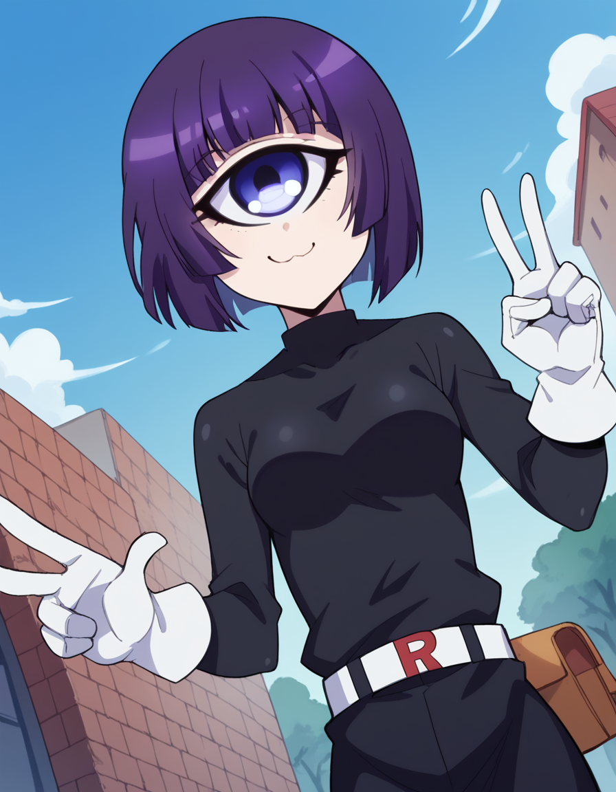 score_9, score_8_up, score_7_up, source_anime, <lora:cyclops-manako-s1-ponyxl-lora-nochekaiser:1>, manako, short hair, blue eyes, purple eyes, purple hair, one-eyed, cyclops, medium breasts,, <lora:team-rocket-uniform-ponyxl-lora-nochekaiser:1>, team rocket uniform, black hat, black shirt, black skirt, white belt, white gloves, single letter,, smile, smug, v, outdoors,, , dutch angle,