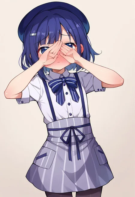 score_9, score_8_up, score_7_up, score_6_up, score_5_up, score_4_up, masterpiece, source_anime BREAK 1girl, ct-fuyu, flat chest, blue hair, short hair, blue eyes, hairclip, blue beret, white collared shirt, short sleeves, striped bow, suspender skirt, black pantyhose, beige background, simple background, looking at viewer, blush, covering own eyes, dutch angle, full-face blush, =
