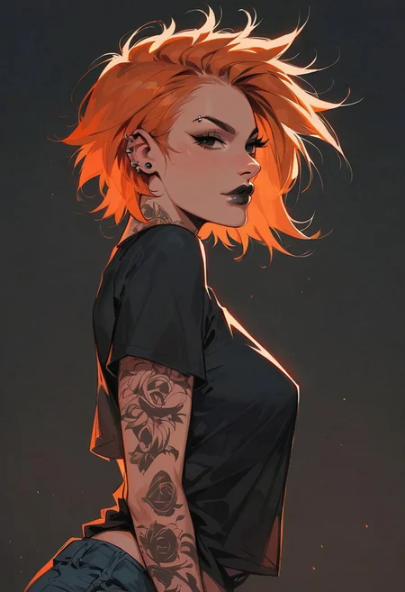 score_9, score_8_up, score_7_up, best quality, sharp lines, uncensored, masterpiece, quality highlights,
...
1girl, solo, expressiveh, curvy body, medium breasts, ((black eyes)),
((orange hair)), short hair, punk haircut, lips, eyelashes,
((detailed eyes)), black make-up, black lips, black eye shadow,
wide hips, seductive face, (black tattoos),
...
(black rock_band t-shirt), (black denim shorts), standing,
eyes wide, looking at viewer, closed mouth, piercings,
(((upper body))), ((side view)),
...
dark background, sunlight,