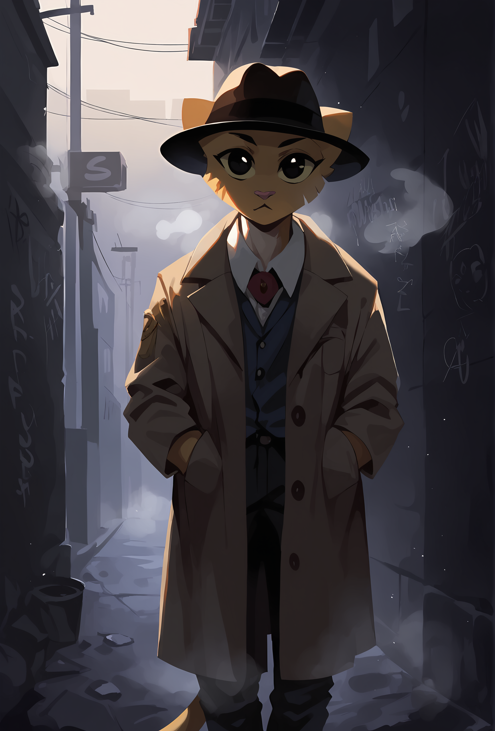 score_9, score_8_up, score_7_up, score_6_up, score_5_up, score_4_up, realistic, fedora, trench coat, alley, graffiti, night, spotlight, low light, backlighting, fog, steam BREAK
 <lora:katia_managan_ponyXL_v1.2:1> 1girl, katia managan, furry, cat girl, solo, black eyes, solid circle pupils, looking at viewer  <lora:Anime Summer Night Style SDXL_LoRA_Pony Diffusion V6 XL:0.5>
