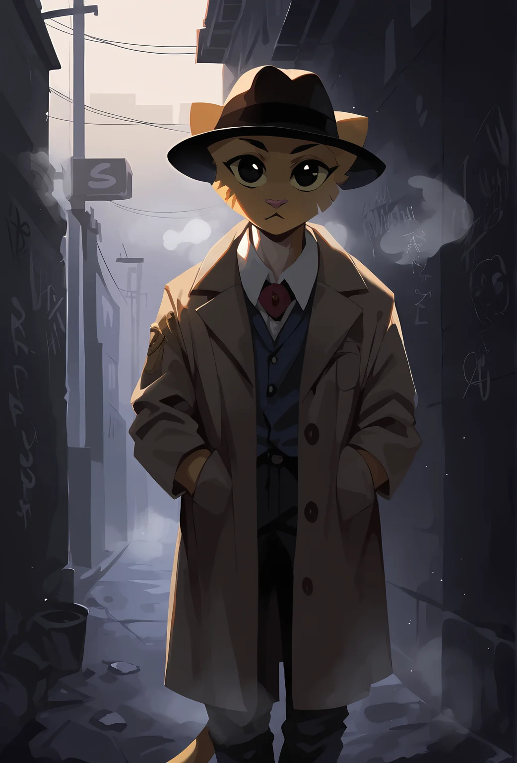score_9, score_8_up, score_7_up, score_6_up, score_5_up, score_4_up, realistic, fedora, trench coat, alley, graffiti, night, spotlight, low light, backlighting, fog, steam BREAK
<lora:katia_managan_ponyXL_v1.2:1> 1girl, katia managan, furry, cat girl, solo, black eyes, solid circle pupils, looking at viewer <lora:Anime Summer Night Style SDXL_LoRA_Pony Diffusion V6 XL:0.5>