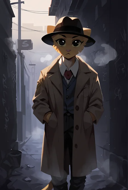 score_9, score_8_up, score_7_up, score_6_up, score_5_up, score_4_up, realistic, fedora, trench coat, alley, graffiti, night, spotlight, low light, backlighting, fog, steam BREAK
<lora:katia_managan_ponyXL_v1.2:1> 1girl, katia managan, furry, cat girl, solo, black eyes, solid circle pupils, looking at viewer <lora:Anime Summer Night Style SDXL_LoRA_Pony Diffusion V6 XL:0.5>