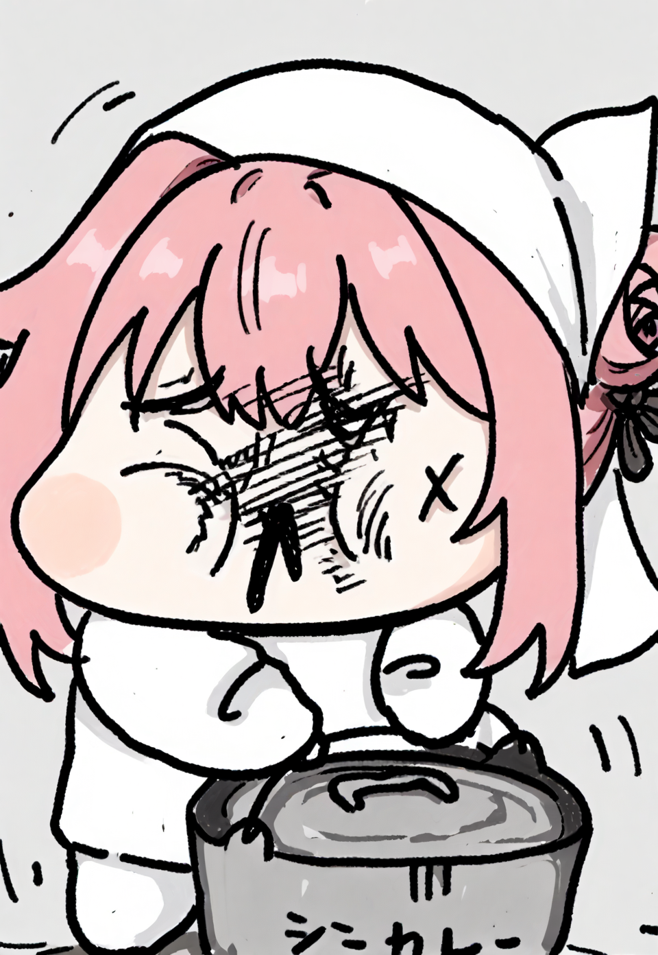 score_9,score_8_up,score_7_up,score_6_up,score_5_up,score_4_up,source_anime,best quality,masterpiece,
<lora:Doro_X_PDXL_V1:0.8>,doro,creature,pink hair,hair bun,hair bow,no humans,white skin,simple background,head scarf,
<lora:mae_ga_mienee_pony_v1>,maemie,chibi,holding bucket,