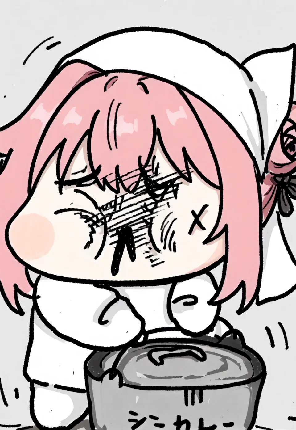 score_9,score_8_up,score_7_up,score_6_up,score_5_up,score_4_up,source_anime,best quality,masterpiece,
<lora:Doro_X_PDXL_V1:0.8>,doro,creature,pink hair,hair bun,hair bow,no humans,white skin,simple background,head scarf,
<lora:mae_ga_mienee_pony_v1>,maemie,chibi,holding bucket,