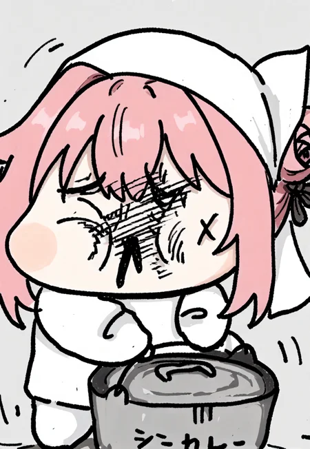 score_9,score_8_up,score_7_up,score_6_up,score_5_up,score_4_up,source_anime,best quality,masterpiece,
<lora:Doro_X_PDXL_V1:0.8>,doro,creature,pink hair,hair bun,hair bow,no humans,white skin,simple background,head scarf,
<lora:mae_ga_mienee_pony_v1>,maemie,chibi,holding bucket,