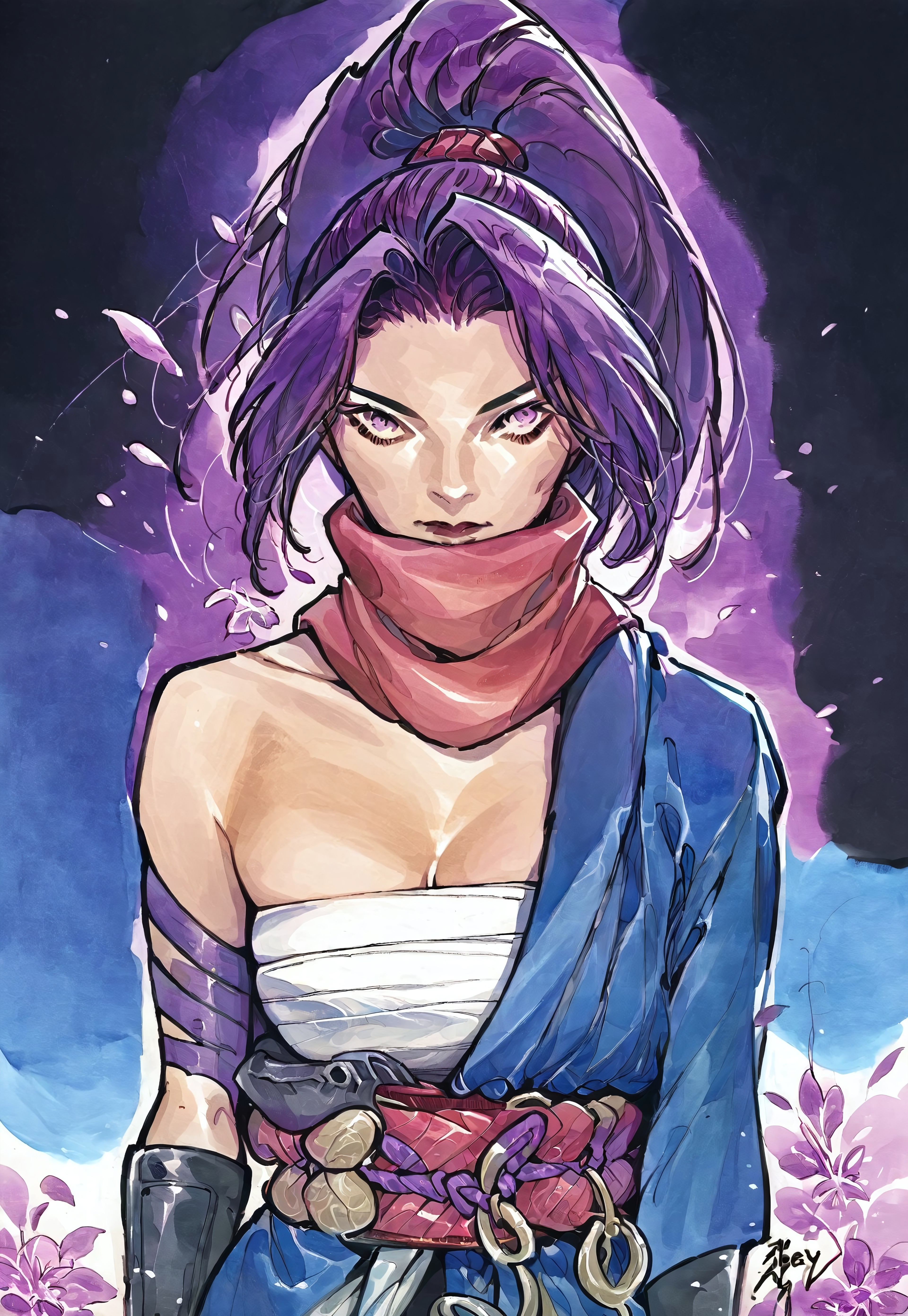 safe_pos, rating_nsfw, source_ANIME, source_MARVEL, peachmomoko, traditional media, score_9, score_8_up, score_7_up, , A dynamic anime-style action shot of Psylocke in her signature purple outfit, She has violet hair tied in a high ponytail, surrounded by psychic energy in a vibrant background of swirling light. (source: anime), high contrast, bold outline, broken colors, no gradient mesh, BREAK Open-Impressionism , cel-shading, rivals, ncpy13 style, pastels drawing, MYLF, sailocke, purple eyes, gloves, ponytail, scarf, sarashi, large cleavage sagging teardrop shaped breasts 