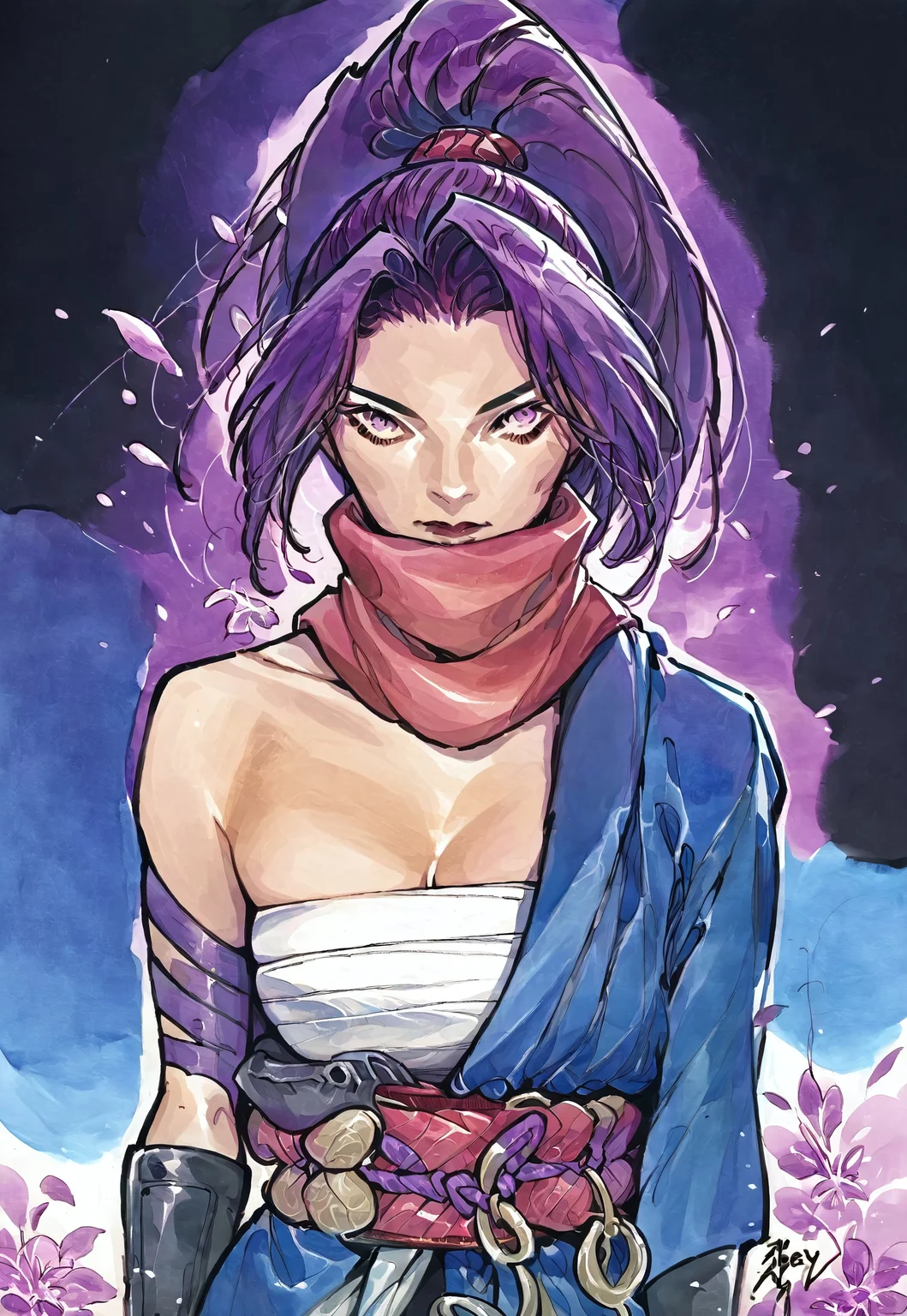 safe_pos, rating_nsfw, source_ANIME, source_MARVEL, peachmomoko, traditional media, score_9, score_8_up, score_7_up, , A dynamic anime-style action shot of Psylocke in her signature purple outfit, She has violet hair tied in a high ponytail, surrounded by psychic energy in a vibrant background of swirling light. (source: anime), high contrast, bold outline, broken colors, no gradient mesh, BREAK Open-Impressionism , cel-shading, rivals, ncpy13 style, pastels drawing, MYLF, sailocke, purple eyes, gloves, ponytail, scarf, sarashi, large cleavage sagging teardrop shaped breasts 