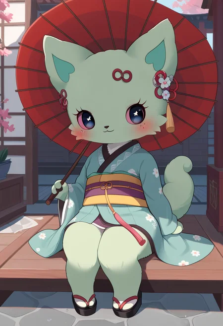 score_9, score_8_up, score_7_up, score_6_up, score_5_up, BREAK
emma, 1girl, japanese clothes, kimono, blush, oil-paper umbrella, :3, holding umbrella, freckles, hair ornament, colored sclera, chibi, feral, furry, looking at viewer, sitting,