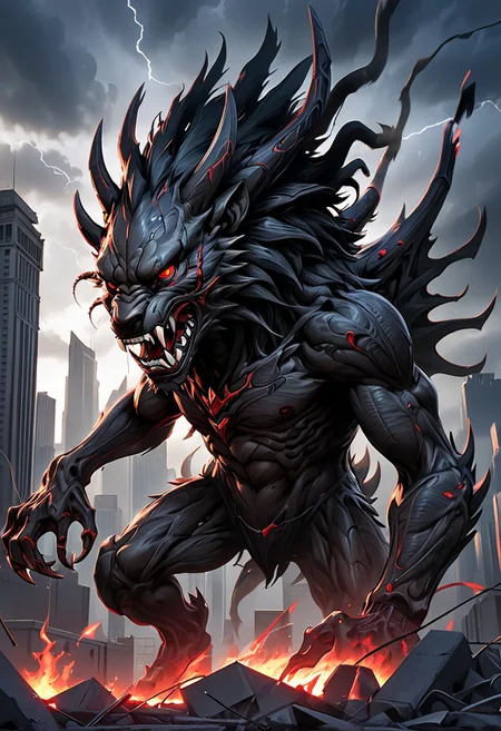 A Giant black lion Fenrir, protruding from gigantic city, fire emanates from its mouth, webbed wings, steel claws, horns, red eyes, angry, anger, 1lion, anthro, webbed wings, steel claws, horns, (((lion king head))), (((solo))), demonic, necromancy, xenomorphic skin, xenomorphic toes, focus, red eyes, demonic  angry, anger, realistic illustration, 4K, detail, apocalyptic, lightning, darkened sky. Background shapes mimic the blurred motion of the surroundings, creating a sense of urgency and excitement. The overall atmosphere is energetic and vibrant, capturing the essence of competition and speed in a modern, artistic style. Hyper-detailed digital art, contemporary and dynamic, vibrant colors, highly detailed, 8K resolution.
style of greg rutkowski, janek sedlar, jenny saville:0]  <lora:vivid_everclear:0.35>  <lora:Sinozick:0.35>  <lora:MJ52:0.35>