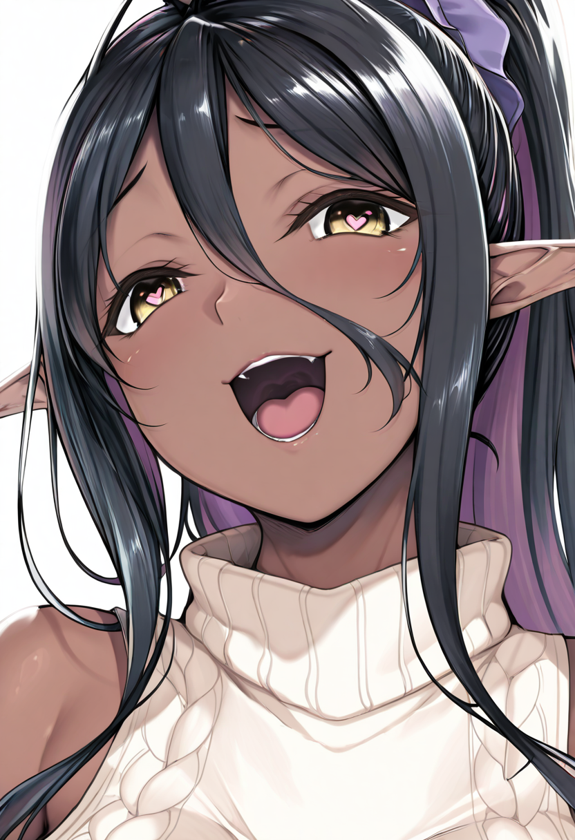 masterpiece, best quality, no humans,  zzMariabelle, yellow eyes, long multicolored hair, antenna hair, pointy ears, dark skin, dark elf,   zzMariabelle, looking at viewer, smile, open mouth, simple background, white background, horns, teeth, sleeveless, sweater, turtleneck, antenna hair, ribbed sweater, turtleneck sweater, white sweater, sleeveless sweater, heart eyes,  <lora:MariabelleIXL:1.0>,   <lora:ZankuroStyle_NAI:0.5>,