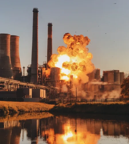 <lora:Explosion Artstyle - Trigger is Explosion Artstyle:.8> Power Plant, Staging Camera Angle Shot, MidAutumn, SunsetGlow explosion artstyle